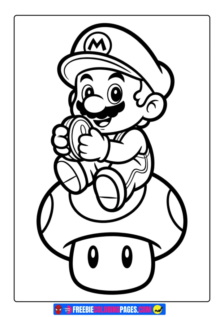 Baby Mario sitting on a giant red-and-white mushroom, happily holding a gold coin in his small hands. The background features a bright, colorful Super Mario-style landscape.